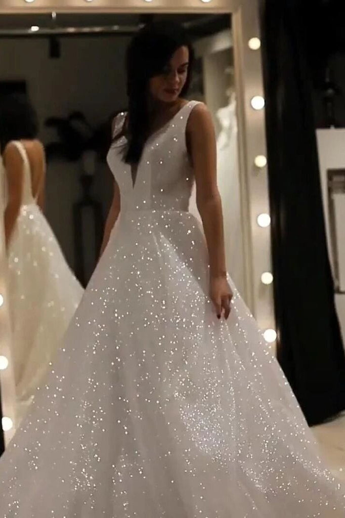 sequin backless prom wedding dress a-line v-neck sparkly wedding dress dtw436