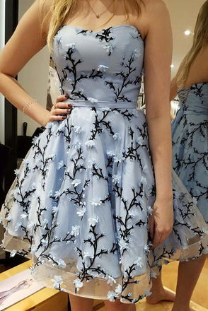 hi-low short prom dress with applique light blue strapless homecoming dress dtp185