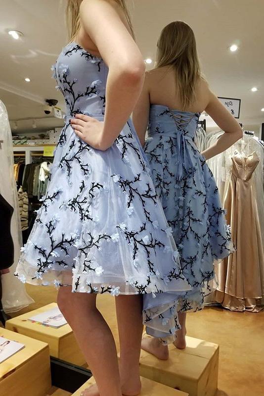hi-low short prom dress with applique light blue strapless homecoming dress dtp185