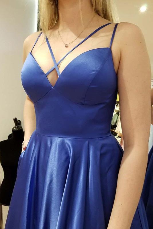a-line satin pockets evening gown simple blue long prom dress dtp269