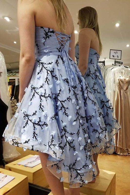 hi-low short prom dress with applique light blue strapless homecoming dress dtp185