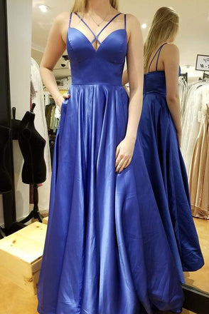 a-line satin pockets evening gown simple blue long prom dress dtp269