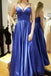 a-line satin pockets evening gown simple blue long prom dress dtp269