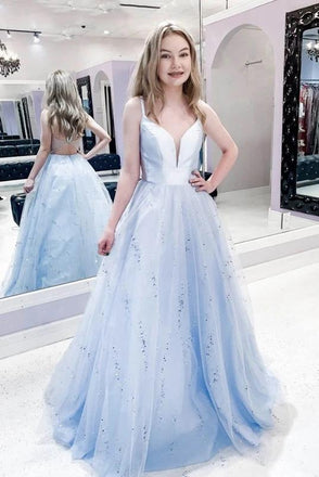 a-line v-neck light blue long prom dress sparkle graduation dress dtp523