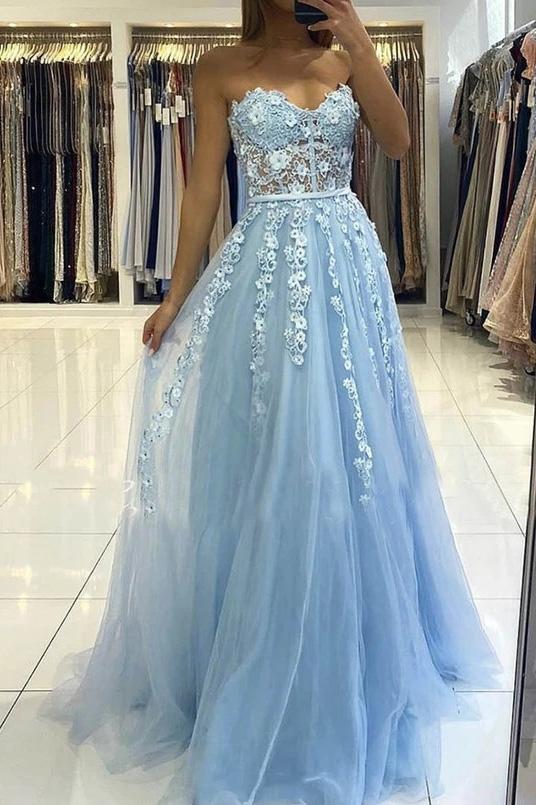 Light Blue Graduation Gown A-line Sweetheart Long Prom Dress with