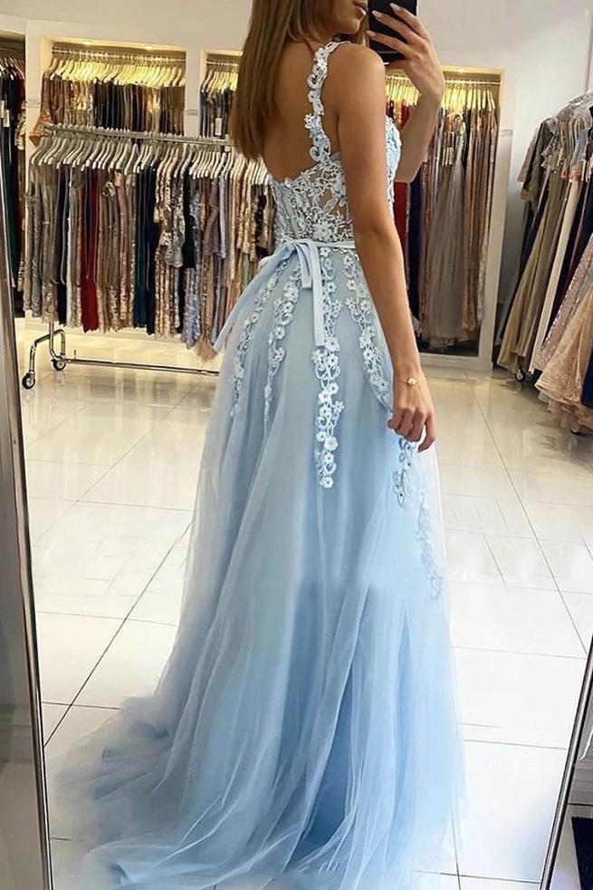 light blue graduation gown a-line sweetheart long prom dress with appliques dtp252