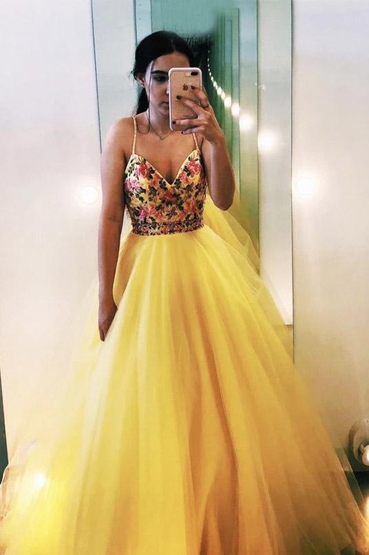 yellow v-neck beading appliques tulle long prom dress evening dress dtp142
