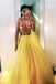 yellow v-neck beading appliques tulle long prom dress evening dress dtp142