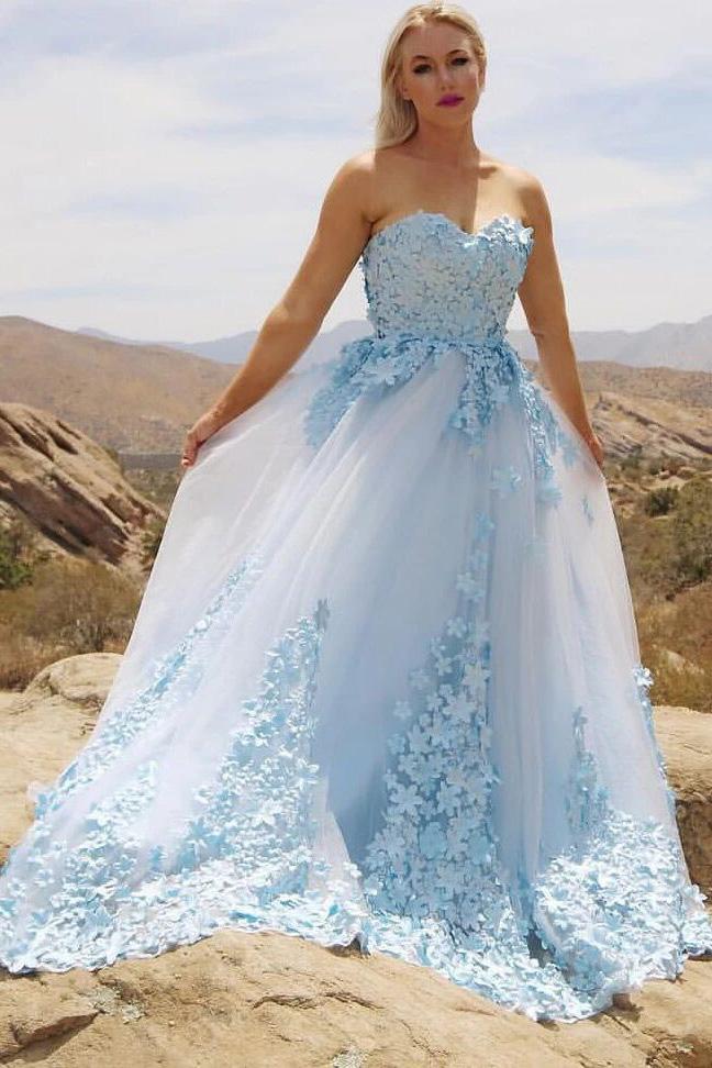 sweetheart light sky blue tulle applique long formal prom dress dtp271