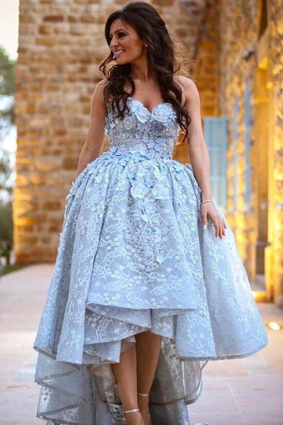 a-line sweetheart high low lace prom dress with handmade flower dtp278