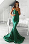 Backless Prom Dress Drapped Low Back Emerald Green Mermaid Evening Dress
