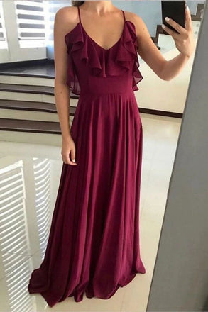 chiffon burgundy bridesmaid dress flounce neckline long backless prom dress dtp1047