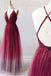 burgundy v-neck tulle ombre long prom dresses backless evening dress dtp1020