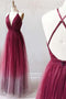 Burgundy V-neck Tulle Ombre Long Prom Dresses Backless Evening Dress