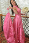 A-line Halter Light Plum Long Prom Dresses With Handmade Flowers