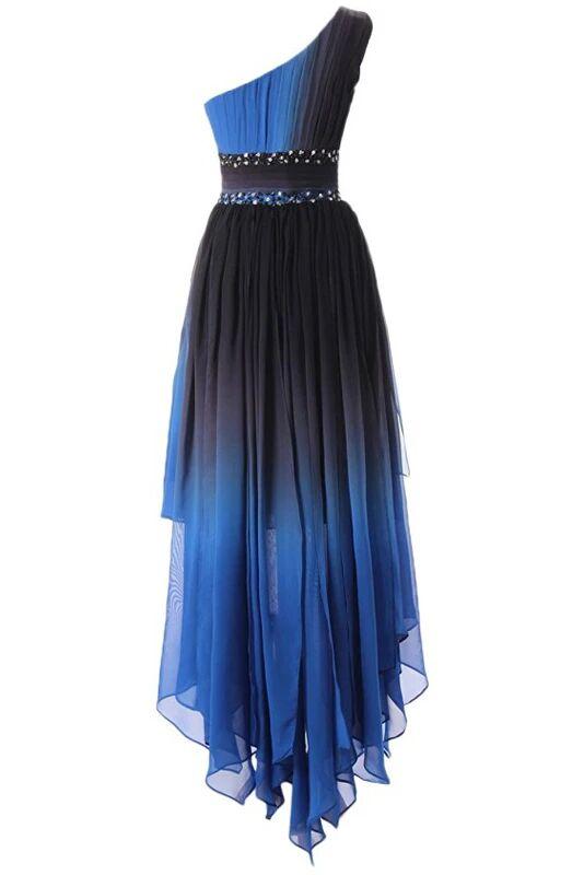 One-Shoulder High Low Blue Ombre Prom Dress With Beading