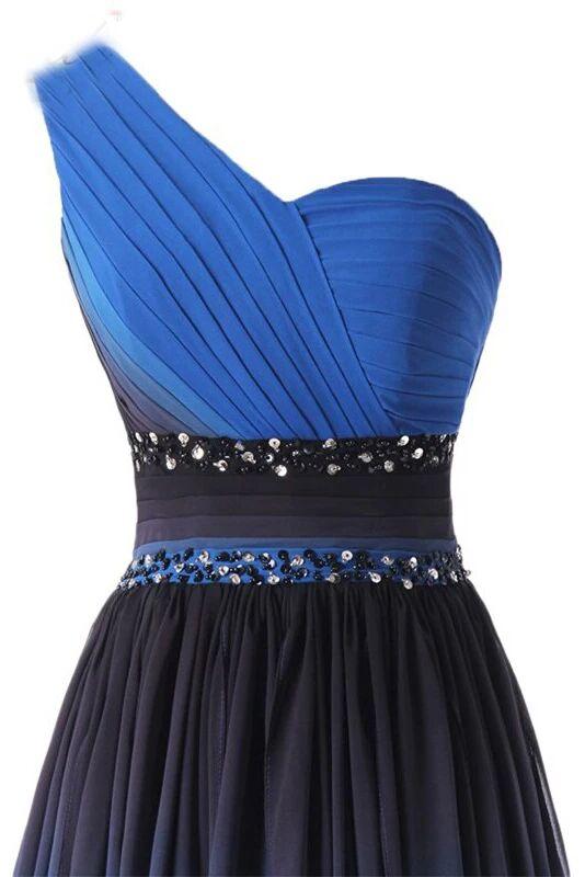One-Shoulder High Low Blue Ombre Prom Dress With Beading