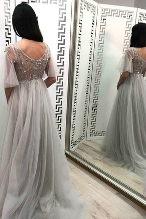 a-line v-neck beading tulle long prom dress with half sleeves dtp164