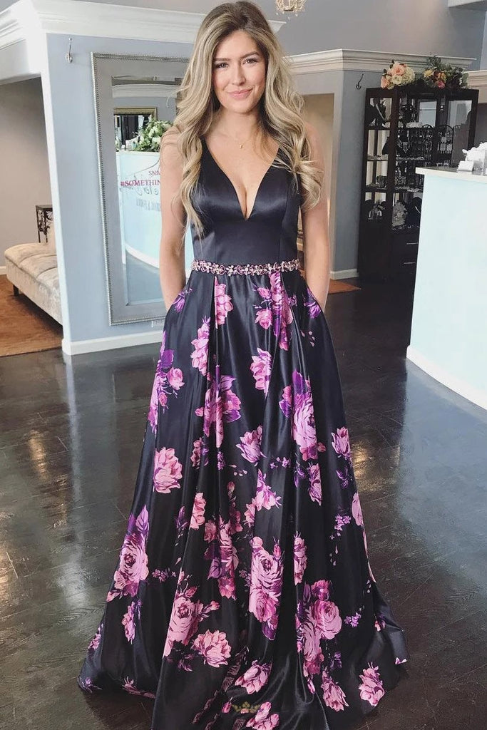 florals printed black long evening dress a-line backless prom dress dtp163