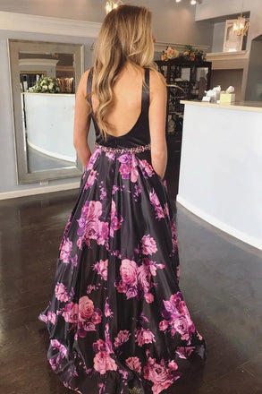 florals printed black long evening dress a-line backless prom dress dtp163