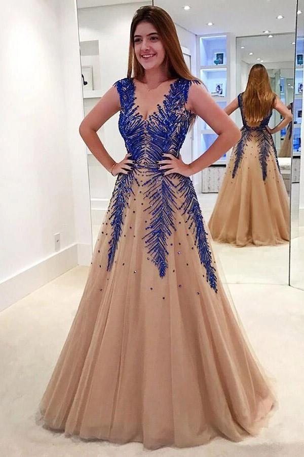 stunning a-line v-neck backless tulle long prom dress with beading dtp292