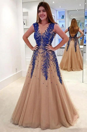stunning a-line v-neck backless tulle long prom dress with beading dtp292
