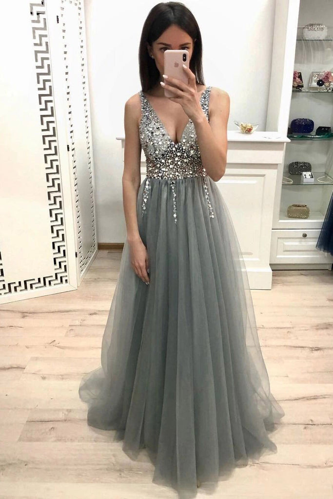 Sparkly A-line V-neck Beading Dusty Grey Long Prom Party Dresses DTP957 DressTok.co.uk Sparkly A-line V-neck Beading Dusty Grey Long Prom Party Dresses DTP957 DressTok.co.uk