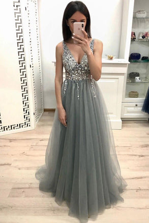 sparkly a-line v-neck beading dusty grey long prom party dresses dtp957