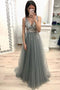 Sparkly A-line V-neck Beading Dusty Grey Long Prom Party Dresses