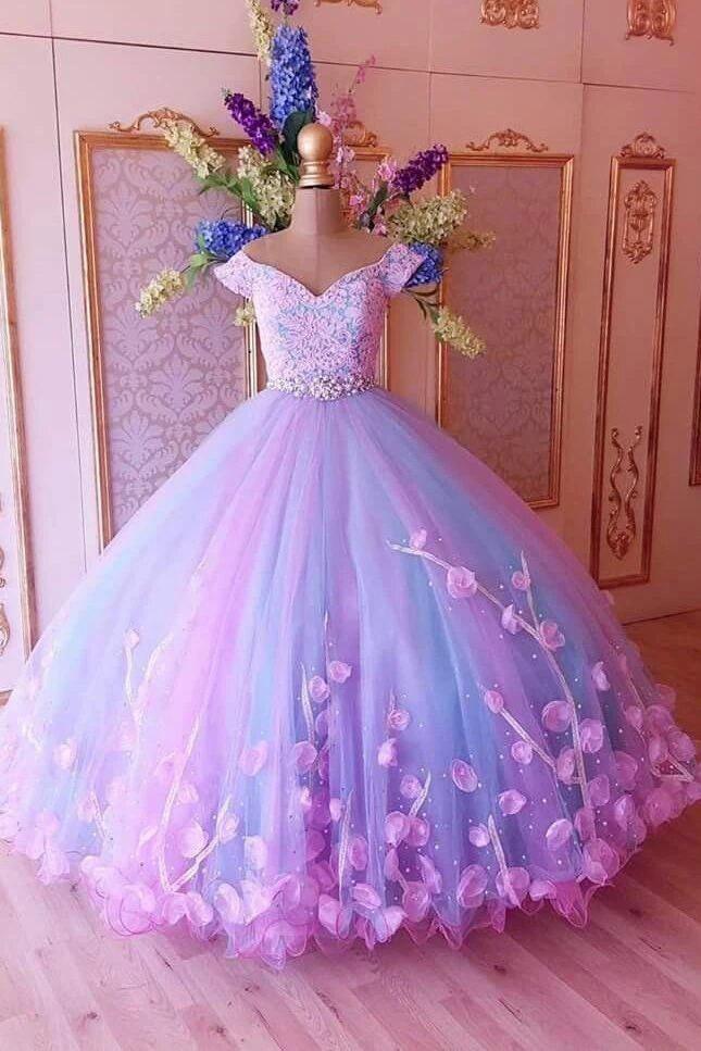 Princess Quinceanera Dress Puffy Tulle Lace Ball Gown Prom Dress With  Appliques DTP884 – DressTok.co.uk