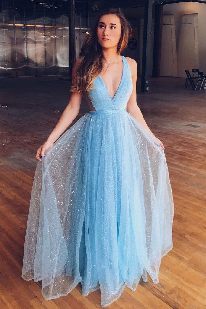 sparkly light blue a-line tulle prom dress deep v-neck long formal dress dtp560