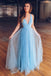 sparkly light blue a-line tulle prom dress deep v-neck long formal dress dtp560