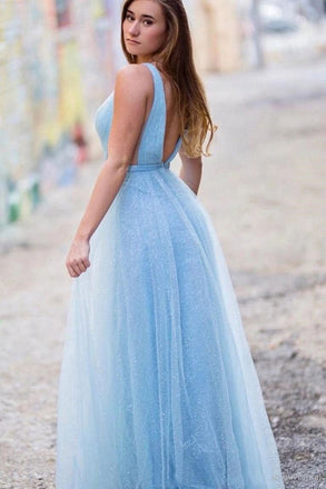 Sparkly Light Blue A-line Tulle Prom Dress Deep V-neck Long Formal Dress