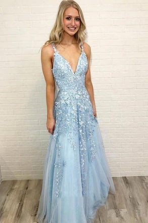 sky blue prom dress long v-neck with lace appliques tulle party dress dtp525