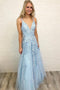 Sky Blue Prom Dress Long V-neck With Lace Appliques Tulle Party Dress