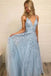 Sky Blue Prom Dress Long V-neck With Lace Appliques Tulle Party Dress