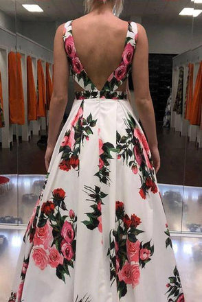Sexy A-line V-neck Spring Floral Printed Long Prom Dress With Pockets