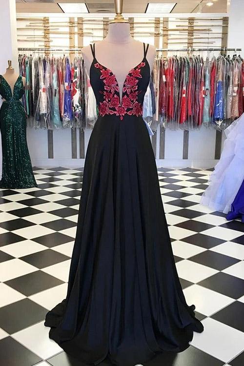 Backless Long Prom Dress With Red Appliques, Black Long Evening Gown