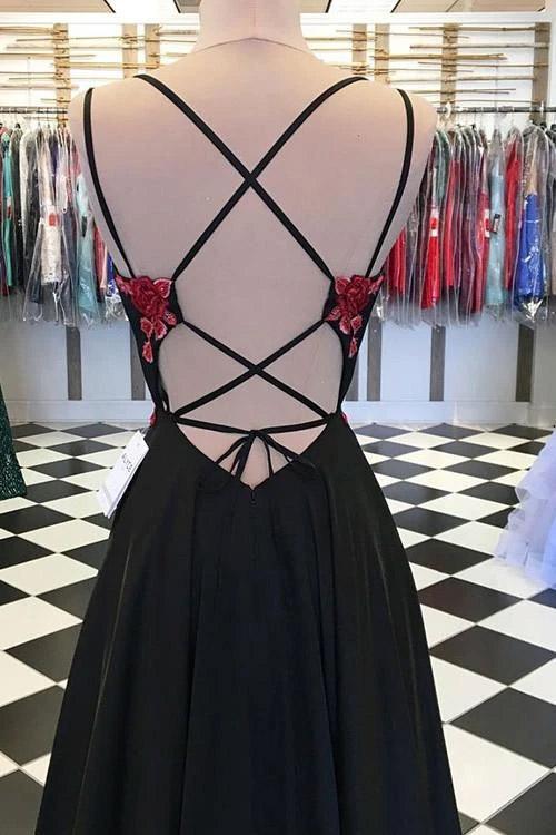 Backless Long Prom Dress With Red Appliques, Black Long Evening Gown