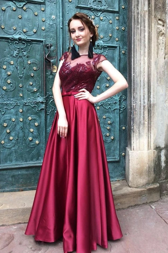 burgundy long prom dress satin cap sleeves illusion bateau party dress dtp526