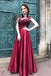burgundy long prom dress satin cap sleeves illusion bateau party dress dtp526