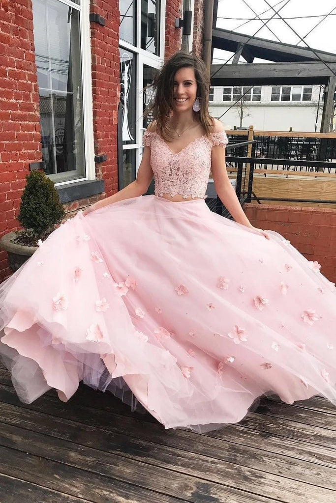 elegant lace tulle formal dress pink two piece prom dress with appliques dtp138