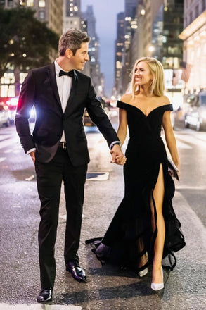 black off the shoulder mermaid long prom party dress with split dtp544