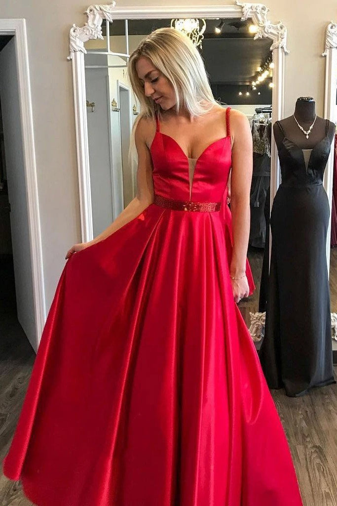 red a-line satin v-neck long prom party dresses with beaded dtp541