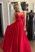 red a-line satin v-neck long prom party dresses with beaded dtp541