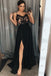 a-line long slit evening dress spaghetti straps black prom dress with lace dtp301