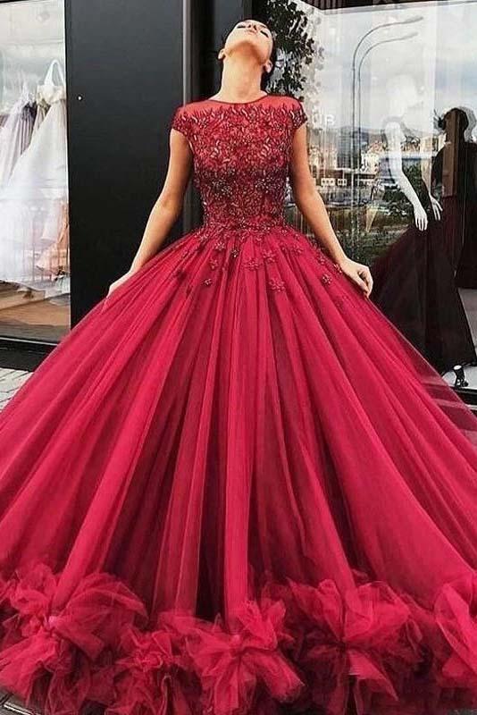 burgundy tulle prom dress ball gown beaded long formal evening gown dtp1013
