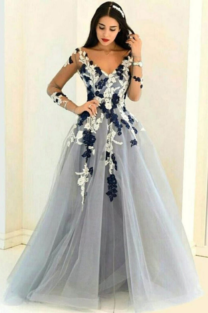 a-line/princess v-neck tulle appliques prom dress with long sleeves dtp334