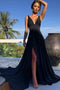 Simple A-line V-neck Long Black Prom Dress, Sexy Evening Dress With Split
