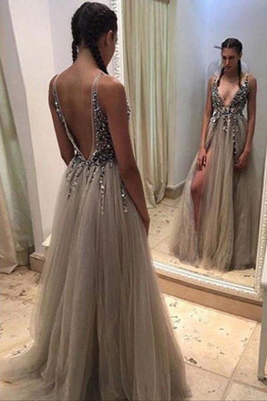plunging neckline long prom dress sequins sexy slit backless evening dress dtp187